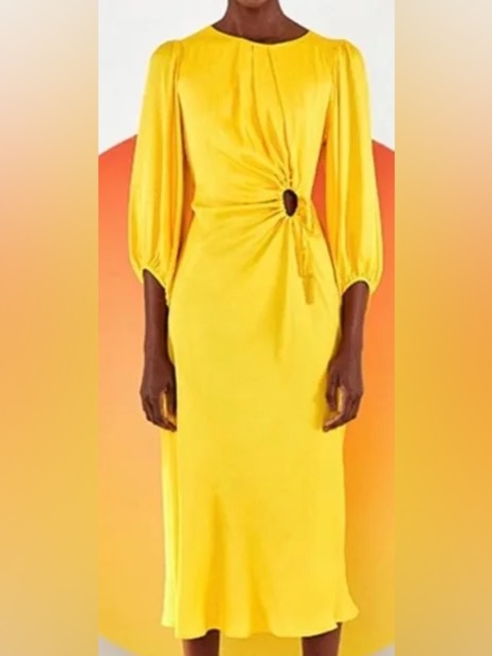 Farm Rio Yellow Cutout Midi Dress Size M — Puff Sleeve, Beaded Tassel, Viscose